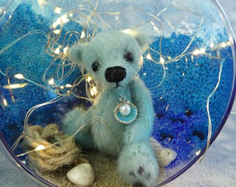 3" Miniature Artist Sea Bear in lit Beach glass globe * Bramber Bears * Ocean