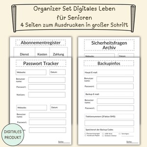 May include: A four-page digital organizer set for seniors with large print, featuring sections for subscription tracking, password management, security question archives, and backup information, all presented on white paper with black text.
