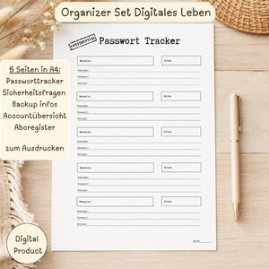 Puede incluir: Una hoja de papel A4 blanca titulada Password Tracker con un sello de Confidential. El formulario incluye campos para sitio web, fecha, nombre de usuario, contraseña y notas. Texto en la página: Organizer Set Digitales Leben, 5 Seiten in A4, Digital Product.