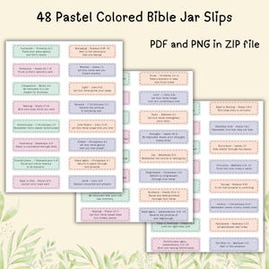 Puede incluir: Un conjunto de 48 etiquetas de versículos bíblicos en colores pastel. Cada etiqueta presenta un versículo diferente, con texto en varios colores. Las etiquetas están dispuestas en tres hojas, con el texto "PDF y PNG en archivo ZIP" en la parte superior.