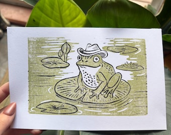 Frog with a Hat Linocut Print