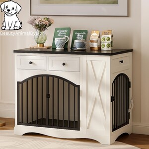 May include: A white and black dog crate with two drawers and a cage door. The top is black, and the sides are white with an X-shaped design. The cage door is black with vertical bars. The crate has a decorative design.