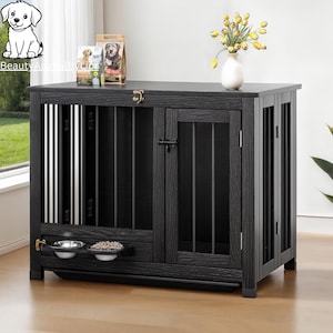 May include: A black wooden dog crate with metal bars on the front and sides. The crate has a hinged door and a pull-out tray for food and water bowls. A small vase of yellow flowers sits on top.