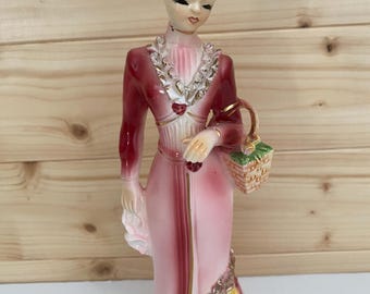 VINTAGE 10” Tall Victorian Lady Figurine Ruffled Accent Pink Dress Flower Basket