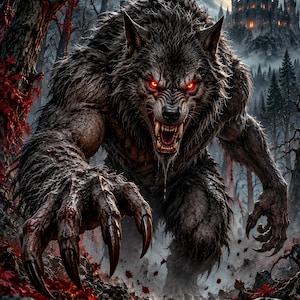May include: A dark, furry werewolf with glowing red eyes and sharp claws reaching forward. The creature stands in a forest with red leaves on the ground, under a full moon and a distant castle silhouette against a dark, cloudy night sky.