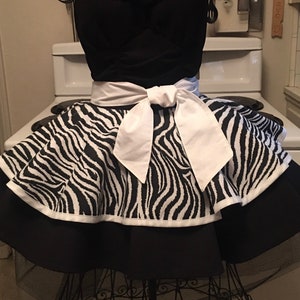 Zebra Print Fancy Half Apron, Animal Print, Vintage Inspired, Black and White Gift for her, Pin up, Free US Shipping image 1