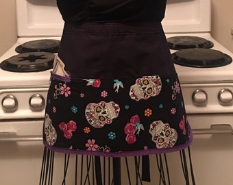 Ladies Half Apron, Vendor Utility Zipper Pocket, Pouch, Organize, Day of the Dead, Free Us Shipping