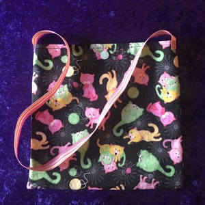 Fabric Party Bags, Cats, Kittens, Favors, Prizes, Animals, Children's Bags, Toy Bag, Gift for Child, Purse, Washable, Lined Bag, Free Ship Neon kittens