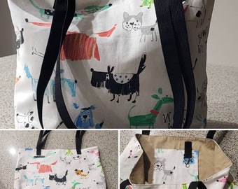 Market Bags, Funny dogs print, lined, durable, beach bag, farmers market bag with pocket, Handmade in USA, free shipping