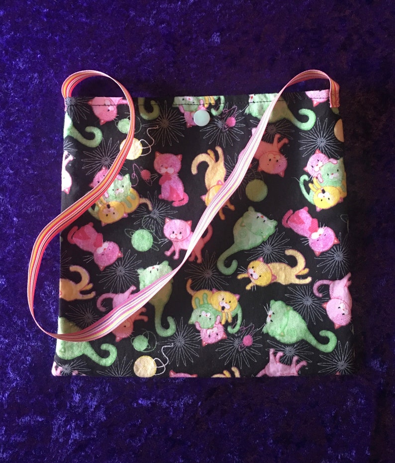 Fabric Party Bags, Cats, Kittens, Favors, Prizes, Animals, Children's Bags, Toy Bag, Gift for Child, Purse, Washable, Lined Bag, Free Ship Neon kittens