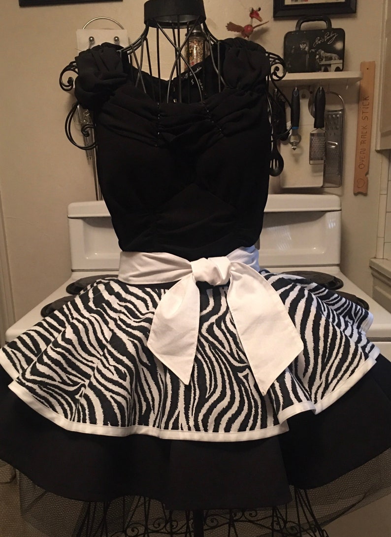 Zebra Print Fancy Half Apron, Animal Print, Vintage Inspired, Black and White Gift for her, Pin up, Free US Shipping image 1