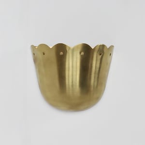 May include: A gold-coloured wall-mounted planter with a scalloped rim and a curved, tulip-like shape. The planter has a smooth, reflective surface and small holes near the rim. Suitable for indoor or outdoor use.