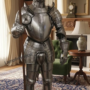 May include: A full suit of polished steel armor, complete with helmet, chest plate, and leg guards, stands upright. The armor is displayed on a wooden base and holds a long spear. The background includes a room with a rug, furniture, and a fireplace.