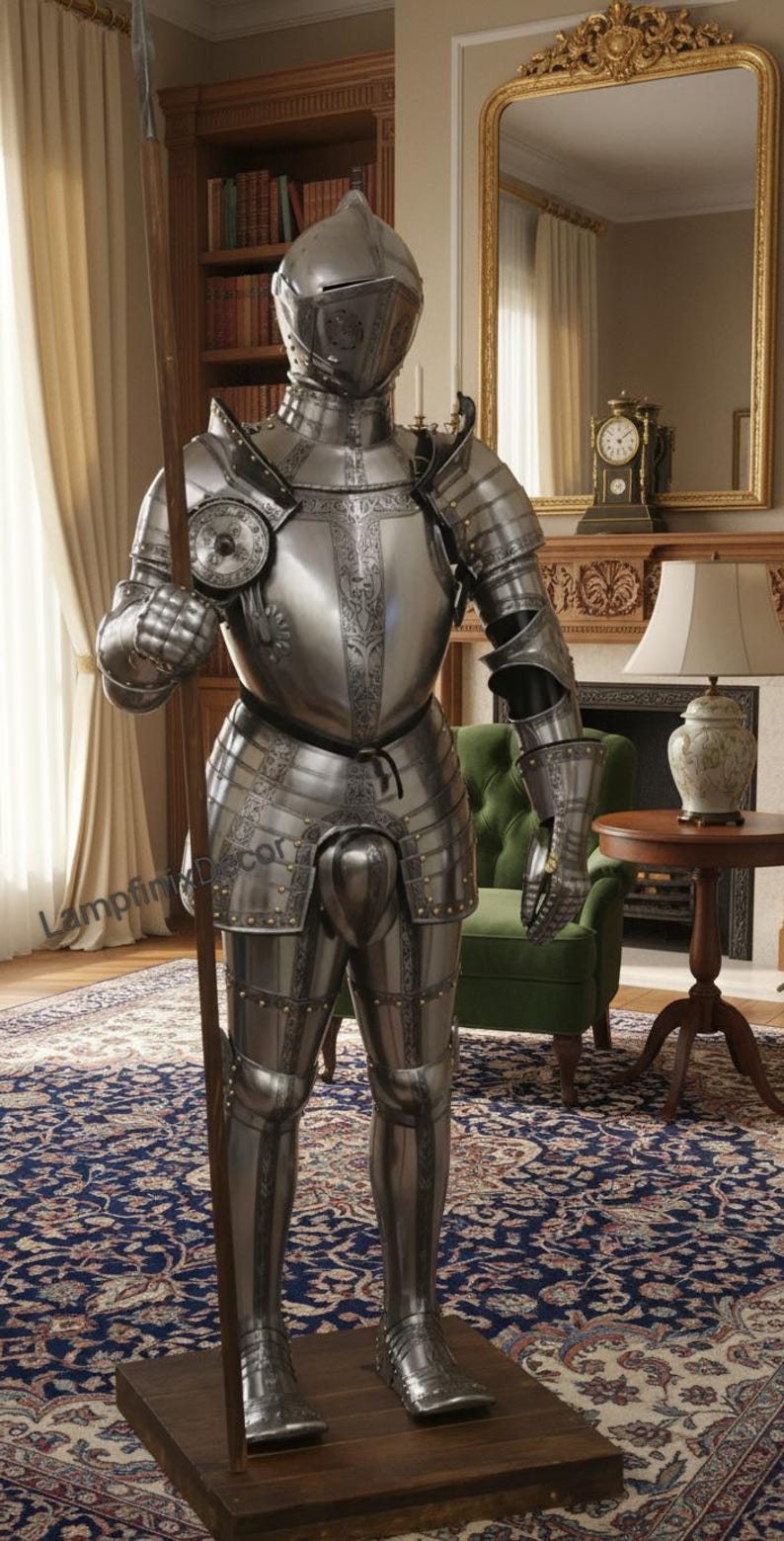 May include: A full suit of polished steel armor, complete with helmet, chest plate, and leg guards, stands upright. The armor is displayed on a wooden base and holds a long spear. The background includes a room with a rug, furniture, and a fireplace.