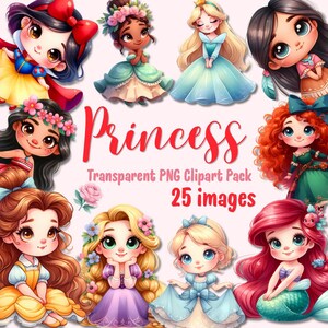 May include: A selection of cartoon princess illustrations, each in a different gown and hairstyle. The word "Princess" is written in red script. The text "Transparent PNG Clipart Pack 25 images" is also included.
