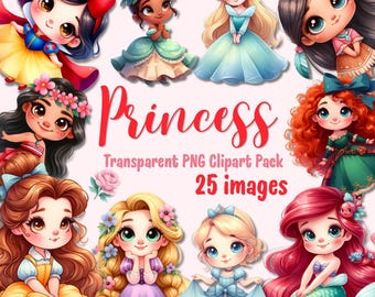 May include: A collection of cartoon princess images in various dresses and hairstyles. The word "Princess" is written in red script. The text "Transparent PNG Clipart Pack 25 images" is also included.