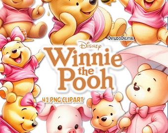 Ursinho Pooh SVG PNG Clipart Bundle, Ursinho Pooh png, Ursinho Pooh, Convites de aniversário do Ursinho, Winnie pooh, pink rosa
