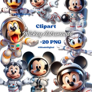 Pode incluir: Ilustração digital de personagens de desenhos animados, incluindo Mickey Mouse, Minnie Mouse, Pato Donald, Pateta e Margarida, vestidos com trajes de astronauta. O texto "Clipart Mickey Astronauta +20 PNG" está presente. Os personagens usam trajes espaciais brancos e vermelhos.