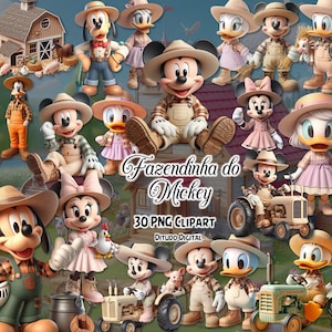 May include: A collection of 3D cartoon characters, including Mickey Mouse, Minnie Mouse, Donald Duck, and Goofy, dressed in farm attire. The image includes tractors, a barn, and the text "Fazendinha do Mickey".