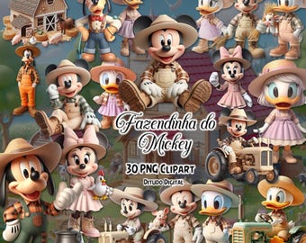 May include: A collection of 3D cartoon characters, including Mickey Mouse, Minnie Mouse, Donald Duck, and Goofy, dressed in farm attire. The image includes tractors, a barn, and the text "Fazendinha do Mickey".