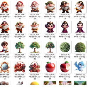 May include: A collection of digital illustrations featuring characters and elements from the Snow White fairy tale. Includes images of the seven dwarfs, the Evil Queen, Snow White, and various related objects.
