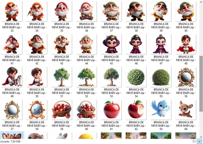 May include: A collection of digital illustrations featuring characters and elements from the Snow White fairy tale. Includes images of the seven dwarfs, the Evil Queen, Snow White, and various related objects.