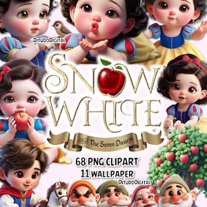 Puede incluir: Conjunto de imágenes prediseñadas digitales con Blancanieves, los Siete Enanitos y elementos relacionados. La imagen incluye múltiples ilustraciones de Blancanieves con su icónico vestido, junto con los enanitos, un caballo y un manzano. El texto de la imagen dice "Blancanieves y los Siete Enanitos".