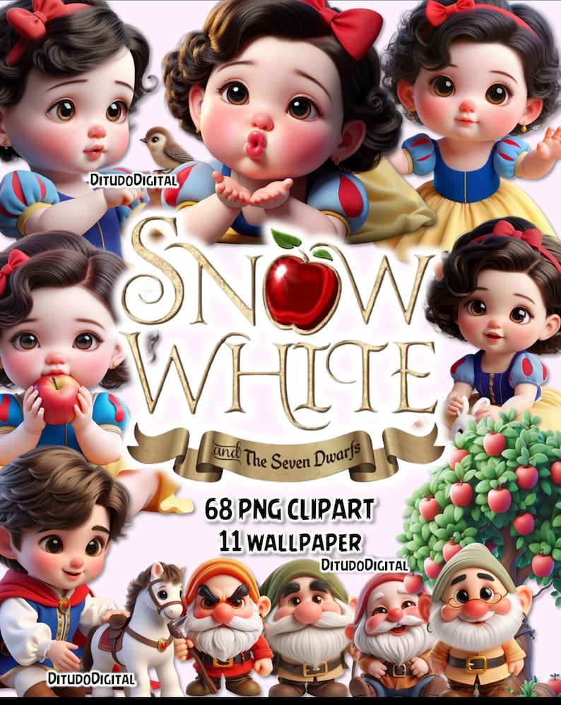 May include: Digital clipart set featuring Snow White, the Seven Dwarfs, and related elements. The image includes multiple illustrations of Snow White in her iconic dress, along with the dwarfs, a horse, and an apple tree. Text on the image reads "Snow White and The Seven Dwarfs".