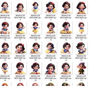 May include: A collection of 32 digital images of a baby Snow White character in various poses. Each image features the character in a blue and yellow dress with a red bow. The images are labeled "BRANCA DE NEVE BABY.zip-" followed by a number.