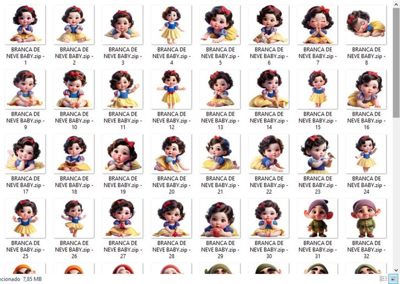 May include: A collection of 32 digital images of a baby Snow White character in various poses. Each image features the character in a blue and yellow dress with a red bow. The images are labeled "BRANCA DE NEVE BABY.zip-" followed by a number.