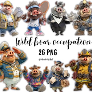 Könnte beinhalten: Eine Sammlung von Cartoon-Wildschweinen in verschiedenen Berufen. Das Bild zeigt einen Bauarbeiter, Tennisspieler, Kellner, Bergmann, Kapitän und Feuerwehrmann. Der Text lautet "Wildschwein-Beruf 26 PNG @DitudoDigital."