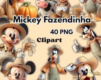 May include: A digital clipart image featuring Mickey Mouse, Pluto, Goofy, and Donald Duck in farm attire. The image includes a cow, pumpkins, and hay bales. Text on the image reads "Mickey Fazendinha," "40 PNG," and "Clipart."