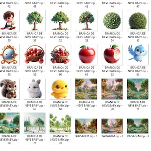 May include: A collection of digital illustrations featuring fairytale elements. Includes images of a prince, trees with red apples, mirrors, a blue bird, a deer, a squirrel, a rabbit, a chick, and landscape scenes. The images are labeled with the text "BRANCA DE NEVE BABY.zip".