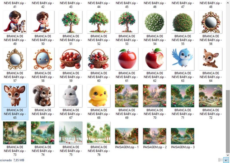May include: A collection of digital illustrations featuring fairytale elements. Includes images of a prince, trees with red apples, mirrors, a blue bird, a deer, a squirrel, a rabbit, a chick, and landscape scenes. The images are labeled with the text "BRANCA DE NEVE BABY.zip".