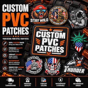 May include: A collection of custom PVC patches featuring various graphic designs including a bear, an astronaut, the Statue of Liberty, a skull, and military figures, all displayed on a dark tactical gear background with text.