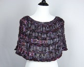Hand Knit Capelet, Burgundy, Purple, Black and Grey Wool Blend Yarn, Lacy Pullover Poncho, Deep Rich Tones, Short Cozy Wrap, Gift for Women