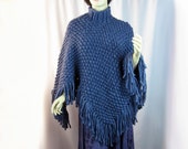 Hand Knit Poncho, Mock Turtleneck, Chunky Knit, Wool Acrylic, Alpaca Blend Yarn, Ice Blue, Fringed Poncho, Soft Cozy Wrap, Winter Wear, Gift