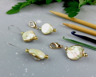 Mother of Pearl Progress Keepers and Stitch Markers for Knitting and Crochet, Snag Free Lobster Claw Clasp or Wire Loop Stitch Markers