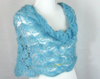 Crocheted Cowl, Infinity Scarf, Fine Kid Mohair, Silk Blend Yarn, Aquamarine, Cozy Poncho, Lightweight, Romantic Wrap