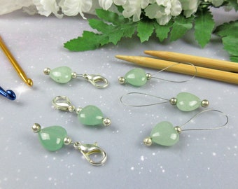 Green Aventurine Hearts Progress Keepers/Stitch Markers for Knitting and Crochet, Snag Free Lobster Claw Clasp or Wire Loop Stitch Markers