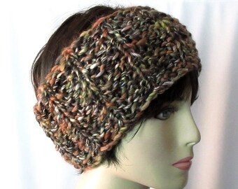 Hand Knit Headband/Ear Warmer/Cowl, Luxury Ear Warmer, Soft Chunky Wool Blend Yarn, Textured Stitch, Brown, Rust, Beige, Winter Headband