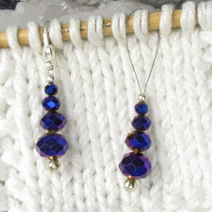 Blue Violet Glass Crystal Progress Keepers and Stitch Markers for Knitting and Crocheting, Snag Free Lobster Clasp or Wire Loop Markers