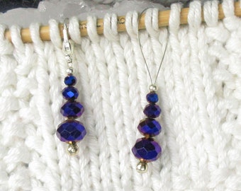 Blue Violet Glass Crystal Progress Keepers and Stitch Markers for Knitting and Crocheting, Snag Free Lobster Clasp or Wire Loop Markers