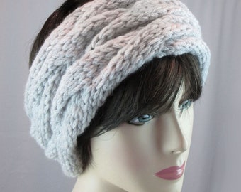 Hand Knit Headband/Cowl, Chunky Merino Wool, Braided Cables, Light Heathered Gray, Ear Warmer, Winter Headband