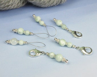 Pale Green Moonstone Progress Keepers and Stitch Markers for Knitting and Crochet, Snag Free Lobster Claw or Wire Loop Stitch Markers