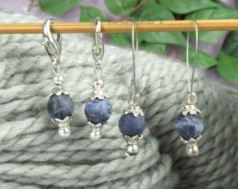 Sodalite Gemstone Progress Keepers and Stitch Markers for Knitting and Crochet, Snag Free Lobster Claw Clasp or Wire Loop Stitch Markers