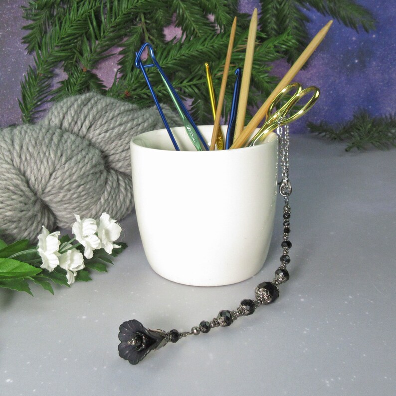 Black Flower Jeweled Scissors Fob, Gothic Crystal Charm, Czech Glass ...