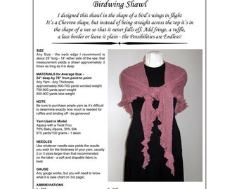 Shawl Knitting Pattern PDF, Birdwing Ruffled Shawl, Many Gauges, Any Yarn, Different Edgings, Original Design, Downloadable Pattern PDF
