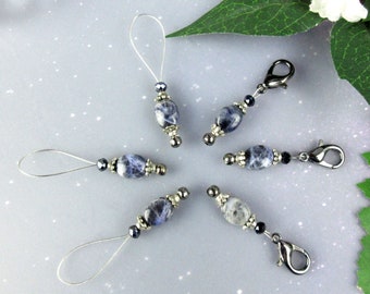 Sodalite and Crystal Progress Keepers and Stitch Markers for Knitting and Crochet, Snag Free Lobster Claw Clasp or Wire Loop Stitch Markers