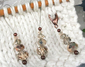 Smoky Copper Glass Crystal Progress Keepers and Stitch Markers for Knitting and Crochet, Snag Free Lobster Claw or Wire Loop Stitch Markers